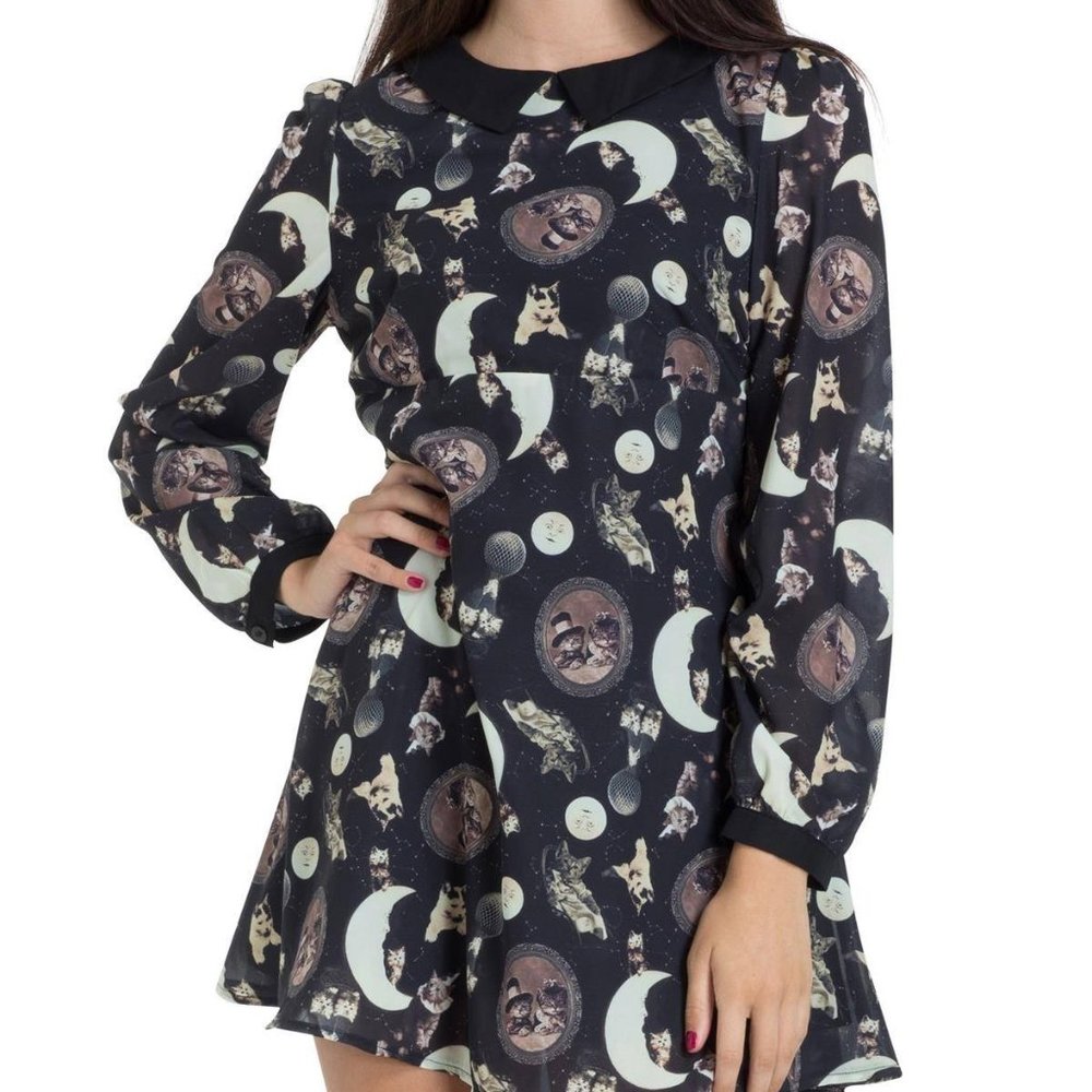Jawbreaker Long-sleeved Steampunk Cat Print Dress
